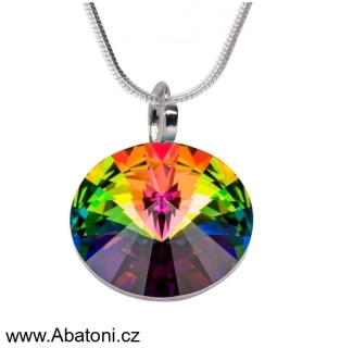 Swarovski Elements Rivoli vlepený krystal 14mm - Stříbrný náhrdelník (přívěsek + řetízek) zelený kulatý 54001.5 Vitrail Medium (zeleno-růžová duhová) 
