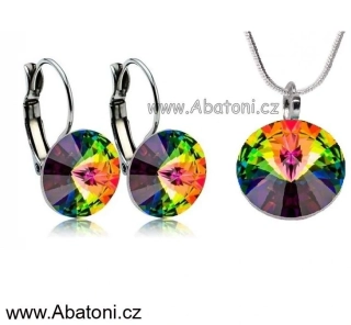 Swarovski Elements Rivoli vlepený krystal 14+12mm - Stříbrná sada (set, souprava) náušnice a přívěsek s řetízkem zelené kulaté 39352.5 Vitrail Medium (zeleno-růžová duhová) 