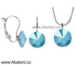 Swarovski Elements Rivoli vlepený krystal 14+12mm - Stříbrná sada (set, souprava) náušnice a přívěsek s řetízkem modré kulaté 39140.3 Summer Blue (modrá mléčná, světlá azurová) 
