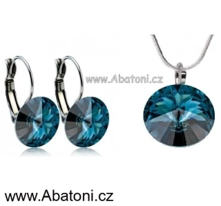 Swarovski Elements Rivoli vlepený krystal 14+12mm - Stříbrná sada (set, souprava) náušnice a přívěsek s řetízkem modré kulaté 39140.3 Montana Blue (modrá tmavá, indigo, kobaltová) 