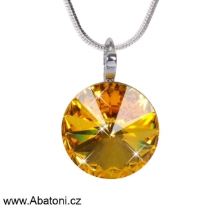 Swarovski Elements Rivoli vlepený krystal 14mm - Stříbrný náhrdelník (přívěsek + řetízek) žluto oranžový kulatý 54018.3 Sunflower (žlutá tmavá, žluto-oranžová) 