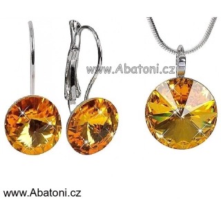 Swarovski Elements Rivoli vlepený krystal 14+12mm - Stříbrná sada (set, souprava) náušnice a přívěsek s řetízkem žluto oranžové kulaté 39140.3 Sunflower (žlutá tmavá, žluto-oranžová) 