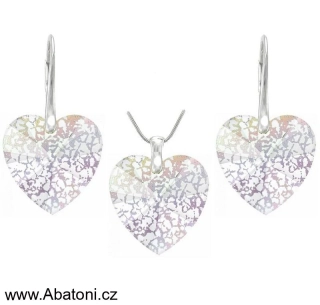 Swarovski Elements Heart krystal 18+18mm - Stříbrná sada (set, souprava) náušnice a přívěsek s řetízkem bílé duhové srdce, srdíčko 39003.2 Crystal White Patina (bílá, křišťálová, duhová leopardí patina, měňavá) 
