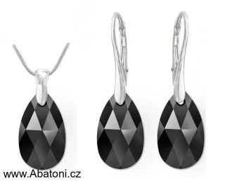 Swarovski Elements Pear krystal 22+16mm - Stříbrná sada (set, souprava) náušnice a přívěsek s řetízkem černá slza, kapka 39169.4 Jet (černá) 