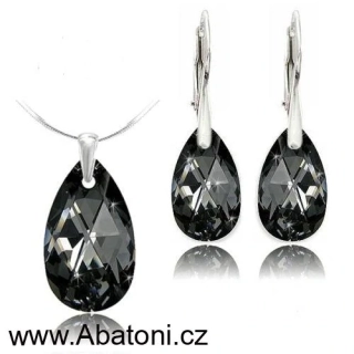 Swarovski Elements Pear krystal 22+16mm - Stříbrná sada (set, souprava) náušnice a přívěsek s řetízkem šedo černá slza, kapka 39169.4 Silver Night (černá, šedá, duhová) 