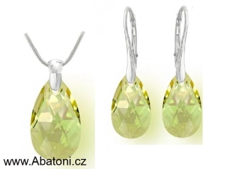 Swarovski Elements Pear krystal 22+16mm - Stříbrná sada (set, souprava) náušnice a přívěsek s řetízkem zelená slza, kapka 39167.3 Luminous Green (zelená velmi světlá, žluto zelená) 