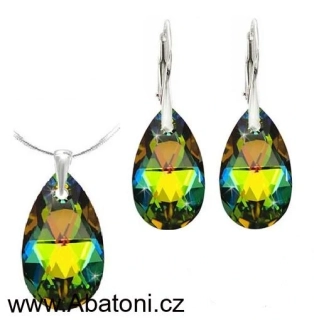 Swarovski Elements Pear krystal 22+16mm - Stříbrná sada (set, souprava) náušnice a přívěsek s řetízkem zelená slza, kapka 39167.3 Vitrail Medium (zeleno-růžová duhová) 