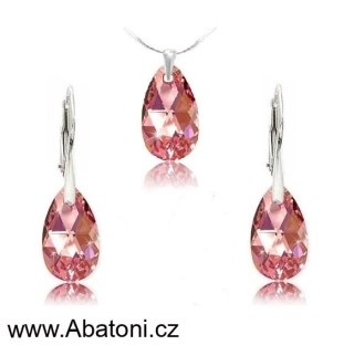 Swarovski Elements Pear krystal 16+16mm - Stříbrná sada (set, souprava) náušnice a přívěsek s řetízkem růžová slzička, kapka 39167.3 Light Rose (růžová světlá) 