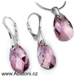 Swarovski Elements Pear krystal 22+16mm - Stříbrná sada (set, souprava) náušnice a přívěsek s řetízkem růžová slzička, kapka 39167.3 Antique Pink (růžová tmavá, starorůžová, vintage) 