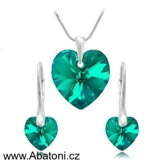 Swarovski Elements Heart krystal 18+10mm - Stříbrná sada (set, souprava) náušnice a přívěsek s řetízkem modré srdce, srdíčko 39003.3 Blue Zircon (modrozelená, tmavá tyrkysová) 