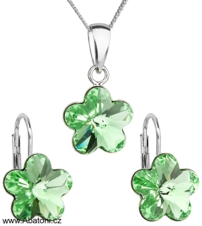 Swarovski Elements Flower - Stříbrná sada (set, souprava) náušnice a přívěsek s řetízkem zelená kytička, květinka 54032.3 Peridot (zelená světlá) 