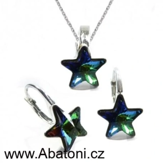 Swarovski Elements Star vlepený krystal 10mm - Stříbrná sada (set, souprava) náušnice a přívěsek s řetízkem zelená hvězdička 54034.1 Vitrail Medium (zeleno-růžová duhová) 