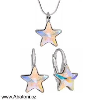 Swarovski Elements Star vlepený krystal 10mm - Stříbrná sada (set, souprava) náušnice a přívěsek s řetízkem bílá duhová hvězdička 54034.2 Crystal AB (bílá, křišťálová, duhová, měňavá)