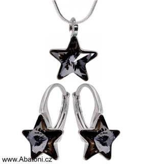 Swarovski Elements Star vlepený krystal 10mm - Stříbrná sada (set, souprava) náušnice a přívěsek s řetízkem šedo černá hvězdička 54034.1 Silver Night (černá, šedá, duhová)