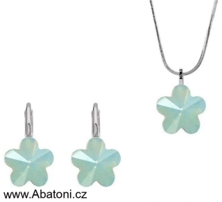 Swarovski Elements Flower - Stříbrná sada (set, souprava) náušnice a přívěsek s řetízkem zelená kytička, květinka 54032.3 Pacific Opal (zelená mléčná, mořská mátová) 