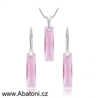 Swarovski Elements Queen Baguette krystal 25mm - Stříbrná sada (set, souprava) náušnice a přívěsek s řetízkem růžový obdélník 39022.2 Antique Pink (růžová tmavá, starorůžová, vintage)
