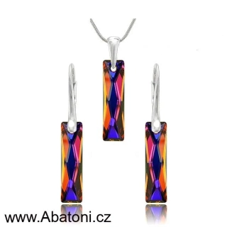 Swarovski Elements Queen Baguette krystal 25mm - Stříbrná sada (set, souprava) náušnice a přívěsek s řetízkem oranžovo modrý obdélník 39022.2 Volcano (oranžová, modrá, duhová, ohnivá)