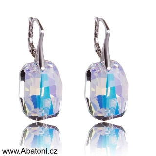 Swarovski Elements Graphic krystal 19mm - Stříbrné náušnice visací bílé duhové zkosené obdélníky 31297.2 Crystal AB (bílá, křišťálová, duhová, měňavá)