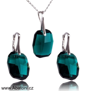 Swarovski Elements Graphic krystal 19mm - Stříbrná sada (set, souprava) náušnice a přívěsek s řetízkem zelený zkosený obdélník 39022.2 Emerald (zelená tmavá, smaragdová, brčálová) 