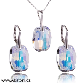 Swarovski Elements Graphic krystal 19mm - Stříbrná sada (set, souprava) náušnice a přívěsek s řetízkem bílý duhový zkosený obdélník 39022.2 Crystal AB (bílá, křišťálová, duhová, měňavá) 