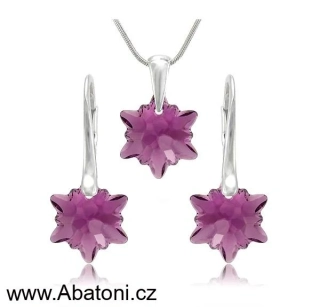 Swarovski Elements Edelweiss Snowflake krystal 14mm - Stříbrná sada (set, souprava) náušnice a přívěsek s řetízkem fialová vločka, protěž, kytička 34221.1 Amethyst (fialová, bordó, vínová) 