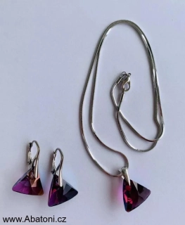 Swarovski Elements Xilion Triangle krystal 12mm - Stříbrná sada (set, souprava) náušnice a přívěsek s řetízkem fialový trojúhelník 39174.2 Lilac Shadow (fialová, vínová, bordó, růžovo zlatá, duhová) 