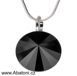 Swarovski Elements Rivoli vlepený krystal 14mm - Stříbrný náhrdelník (přívěsek + řetízek) černý kulatý 34112.3 Jet (černá)