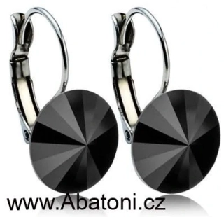 Swarovski Elements Rivoli vlepený krystal 12mm - Ocelové náušnice visací černé kulaté 31106.3 Jet (černá) 