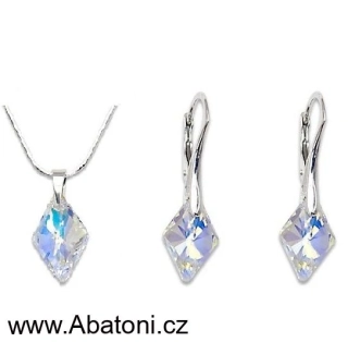 Swarovski Elements Rhombus krystal 19mm - Stříbrná sada (set, souprava) náušnice a přívěsek s řetízkem bílý duhový kosočtverec 39126.2 Crystal AB (bílá, křišťálová, duhová, měňavá) 