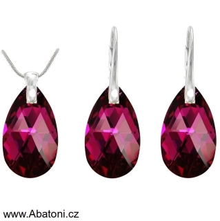 Swarovski Elements Pear krystal 22+22mm - Stříbrná sada (set, souprava) náušnice a přívěsek s řetízkem růžová slzička, kapka 39167.3 Fuchsia (růžová tmavá, fuchsiová)