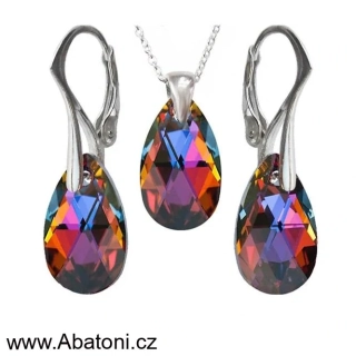 Swarovski Elements Pear krystal 16+16mm - Stříbrná sada (set, souprava) náušnice a přívěsek s řetízkem oranžovo modrá slza, kapka 39169.4 Volcano (oranžová, modrá, duhová, ohnivá) 