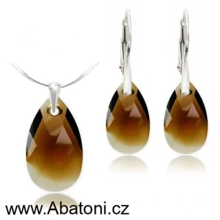 Swarovski Elements Pear krystal 22+16mm - Stříbrná sada (set, souprava) náušnice a přívěsek s řetízkem hnědá slza, kapka 39167.3 Topaz Blend (hnědá, bronzovo béžová, žíhaná) 