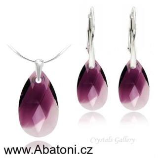 Swarovski Elements Pear krystal 22+16mm - Stříbrná sada (set, souprava) náušnice a přívěsek s řetízkem fialová slza, kapka 39169.4 Amethyst Blend (fialová, vínovo-béžová, žíhaná) 