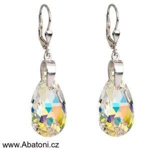 Swarovski Elements Pear krystal 16mm - Stříbrné náušnice visací bimbací bílá duhová slza, kapky 31063.2 Crystal AB (bílá, křišťálová, duhová, měňavá) na šlupně
