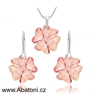 Swarovski Elements Clover krystal 19mm - Stříbrná sada (set, souprava) náušnice a přívěsek s řetízkem růžový čtyřlístek 31262.1 Light Rose (růžová světlá)