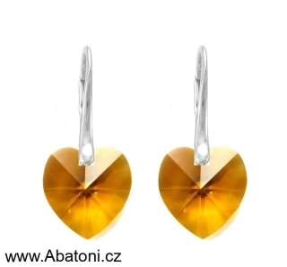 Swarovski Elements Heart krystal 14mm - Stříbrné náušnice visací oranžové srdce, srdíčka 31125.1 Topaz (žluto-oranžová, jantarová) 