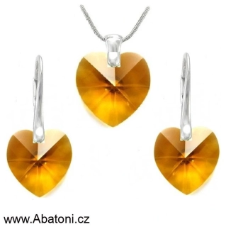 Swarovski Elements Heart krystal 14+10mm - Stříbrná sada (set, souprava) náušnice a přívěsek s řetízkem oranžové srdce, srdíčko 39003.2 Topaz (žluto-oranžová, jantarová) 