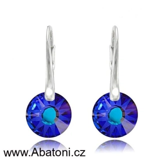 Swarovski Elements Sun krystal 12mm - Stříbrné náušnice visací modré kulaté sluníčko 31215.5 Bermuda Blue (modrá, mořská, duhová, měňavá)