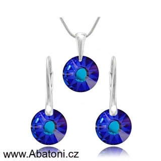 Swarovski Elements Sun krystal 12+12mm - Stříbrná sada (set, souprava) náušnice a přívěsek s řetízkem modré kulaté sluníčko 39169.4 Bermuda Blue (modrá, mořská, duhová, měňavá) 