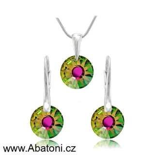 Swarovski Elements Sun krystal 12+12mm - Stříbrná sada (set, souprava) náušnice a přívěsek s řetízkem zelené kulaté sluníčko 39169.4 Vitrail Medium (zeleno-růžová duhová)