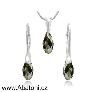 Swarovski Elements Briolette krystal 13mm - Stříbrná sada (set, souprava) náušnice a přívěsek s řetízkem šedo černá slza, kapka 39169.4 Silver Night (černá, šedá, duhová) 