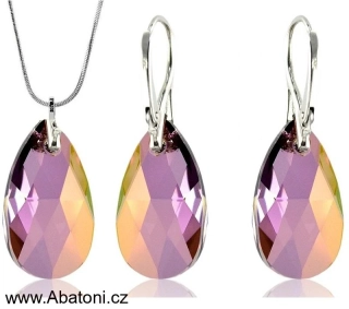 Swarovski Elements Pear krystal 22+22mm - Stříbrná sada (set, souprava) náušnice a přívěsek s řetízkem fialová slzička, kapka 39167.3 Lilac Shadow (fialová, vínová, bordó, růžovo zlatá, duhová) 