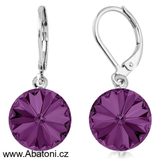 Swarovski Elements Rivoli vlepený krystal 12mm - Ocelové náušnice visací bimbací fialové kulaté 51078.3 Amethyst (fialová, bordó, vínová) 
