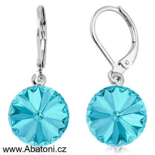 Swarovski Elements Rivoli vlepený krystal 12mm - Ocelové náušnice visací bimbací modré kulaté 31106.3 Aquamarine (modrá světlá, azurová, nebeská)