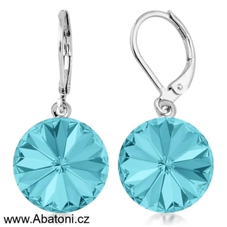 Swarovski Elements Rivoli vlepený krystal 12mm - Ocelové náušnice visací bimbací modré kulaté 31106.3 Light Turquoise (modrá světlá, tyrkysová)