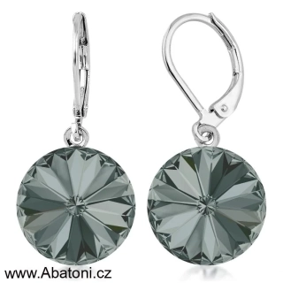 Swarovski Elements Rivoli vlepený krystal 12mm - Ocelové náušnice visací bimbací šedé kulaté 31106.3 Black Diamond (šedá, černá, kouřová)
