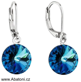 Swarovski Elements Rivoli vlepený krystal 12mm - Ocelové náušnice visací bimbací modré kulaté 31106.5 Bermuda Blue (modrá, mořská, duhová, měňavá)