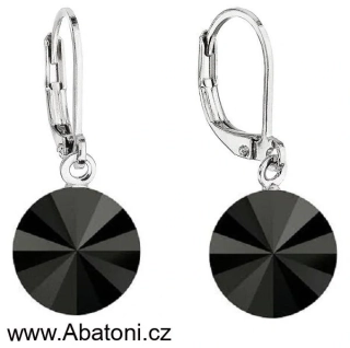 Swarovski Elements Rivoli vlepený krystal 12mm - Ocelové náušnice visací bimbací černé kulaté 31106.3 Jet (černá)