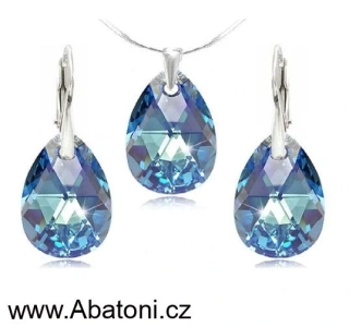 Swarovski Elements Mini Pear krystal 12+12mm - Stříbrná sada (set, souprava) náušnice a přívěsek s řetízkem modrá slza, kapka 39169.4 Aquamarine (modrá světlá, azurová, nebeská)