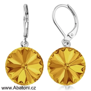 Swarovski Elements Rivoli vlepený krystal 12mm - Ocelové náušnice visací bimbací žluto oranžové kulaté 31106.3 Sunflower (žlutá tmavá, žluto-oranžová)